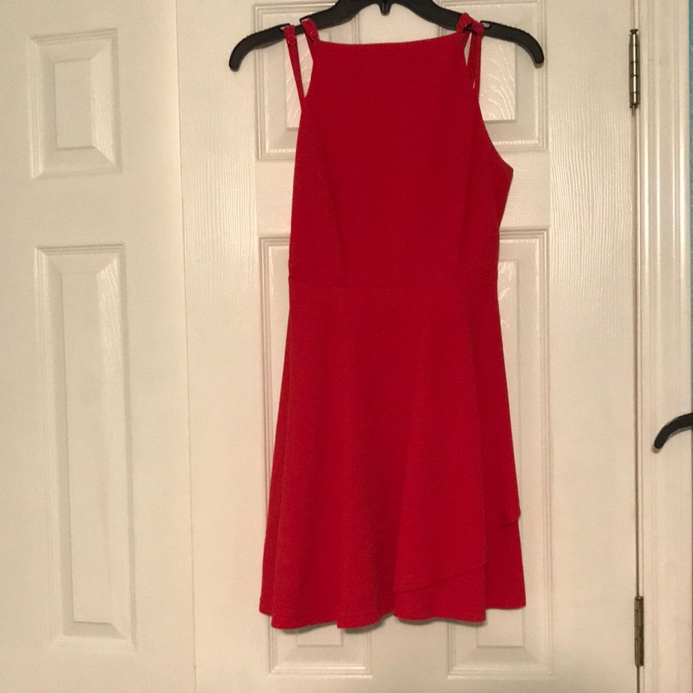 Strappy red high neck mini dress